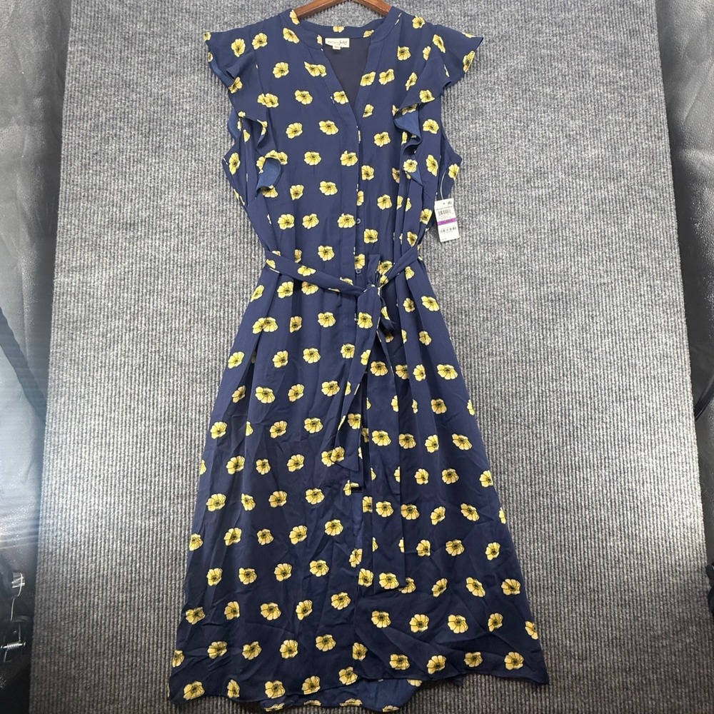 Maison Jules Dress Womens XXL Blue New Floral Ruffle Sleeveless Midi Tie Waist